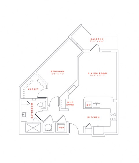 Floor plan for 1 bed, 1 bath, 766 sqft